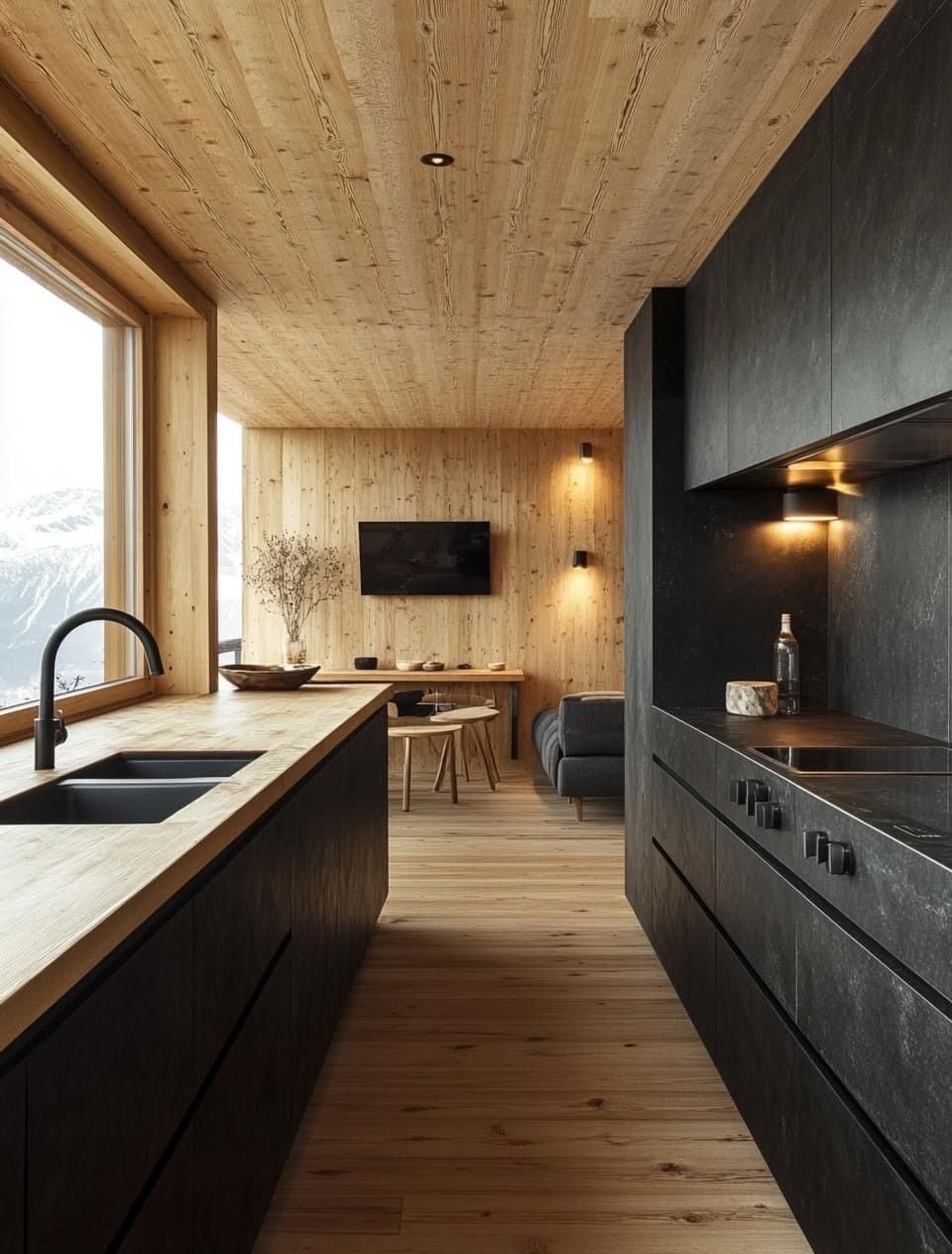 Cocina con muebles negros, mesada y revestimiento de madera natural, con ventanal hacia la montaña