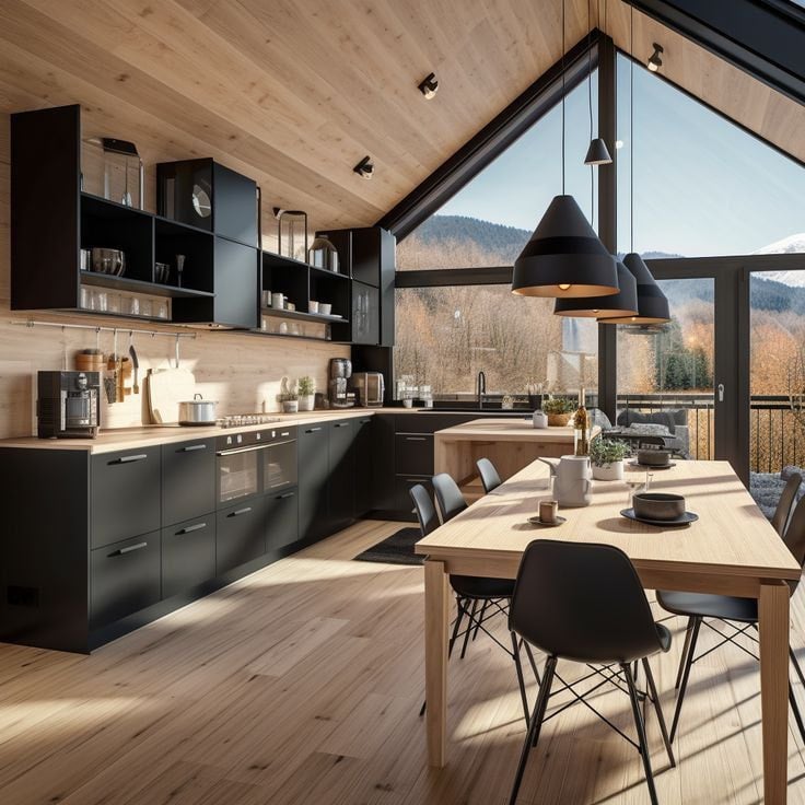 Cocina negra con mesa de madera bajo un techo a dos aguas y ventanales hacia el bosque