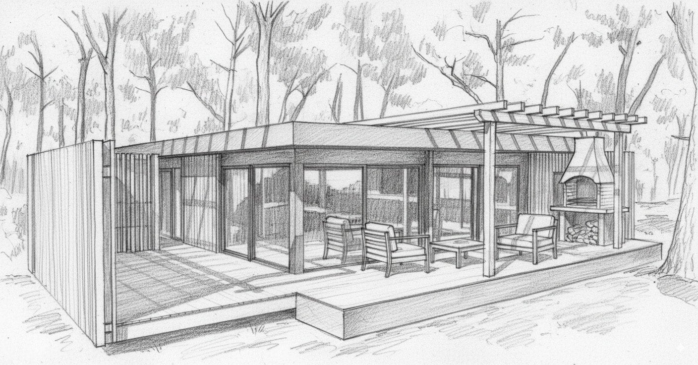 Boceto a lápiz de una vivienda con galería y pérgola de madera en un entorno arbolado
